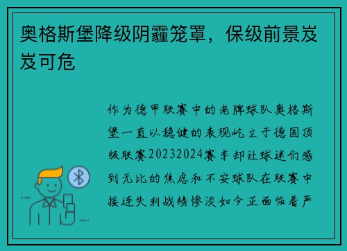 奥格斯堡降级阴霾笼罩，保级前景岌岌可危