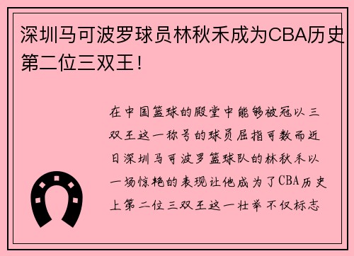 深圳马可波罗球员林秋禾成为CBA历史第二位三双王！