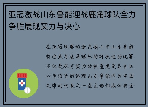 亚冠激战山东鲁能迎战鹿角球队全力争胜展现实力与决心